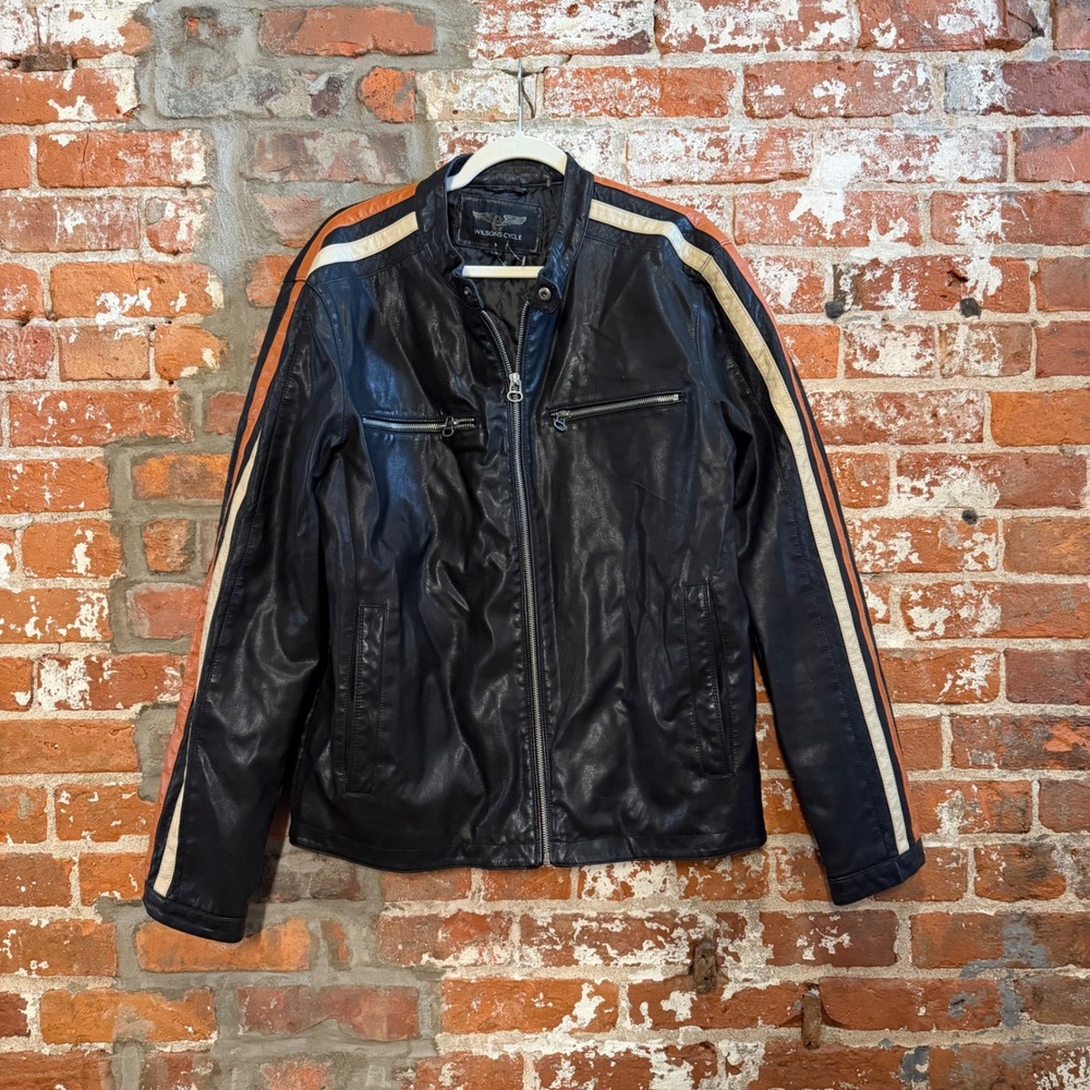 Wilsons Cycle Jacket Black Racing Stripe Faux Leather Moto Biker - Large